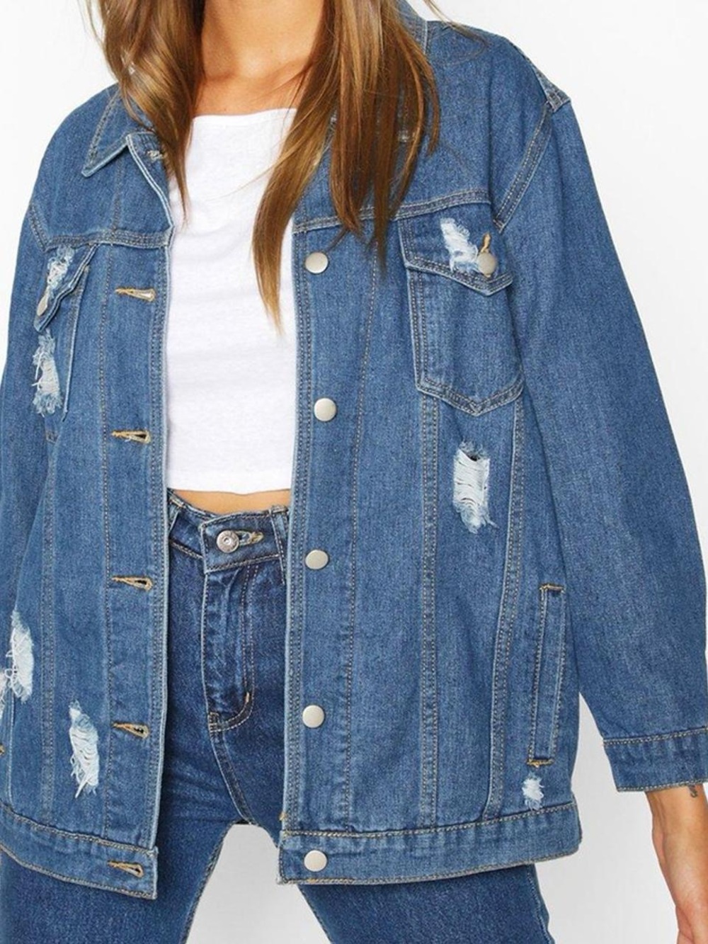 Boohoo Distressed Oversized Denim Jacket in Medium Blue